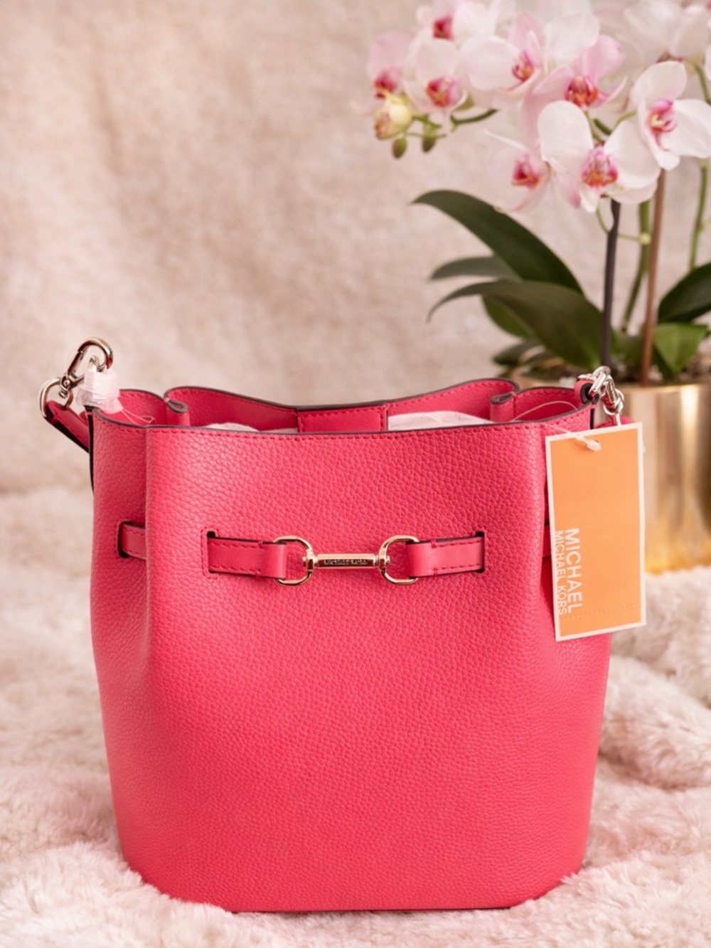 NWT Michael Kors Hot Pink Pebbled Leather Bucket Shoulder Bag